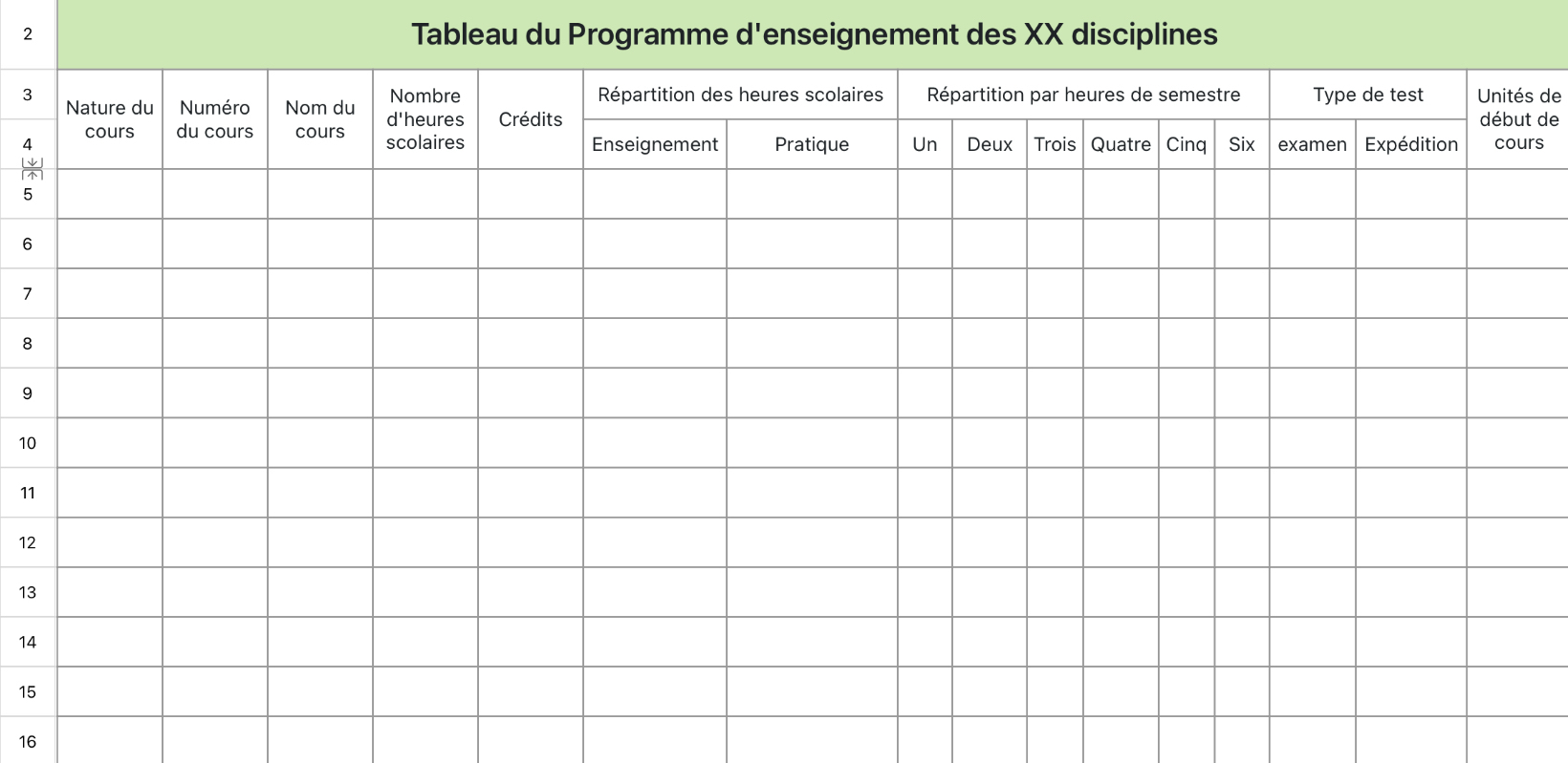 Tableau des programmes d'enseignement des disciplines